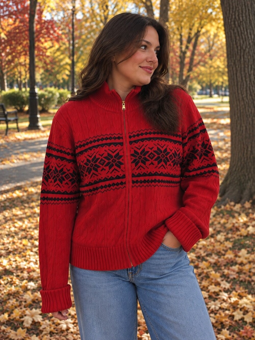 Lauren Ralph Lauren Fair Isle Full Zip Sweater Red XL